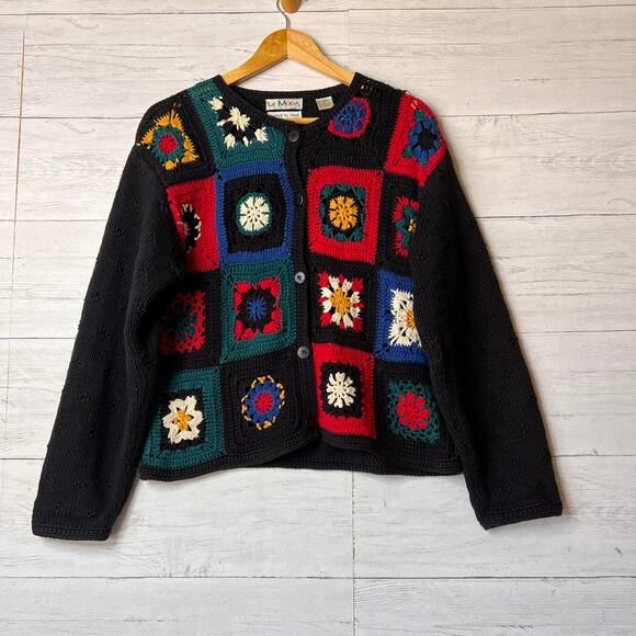 Le Moda Sweater Womens Size Medium Vintage Black Knitted by Hand Granny Square - Picture 1 of 16